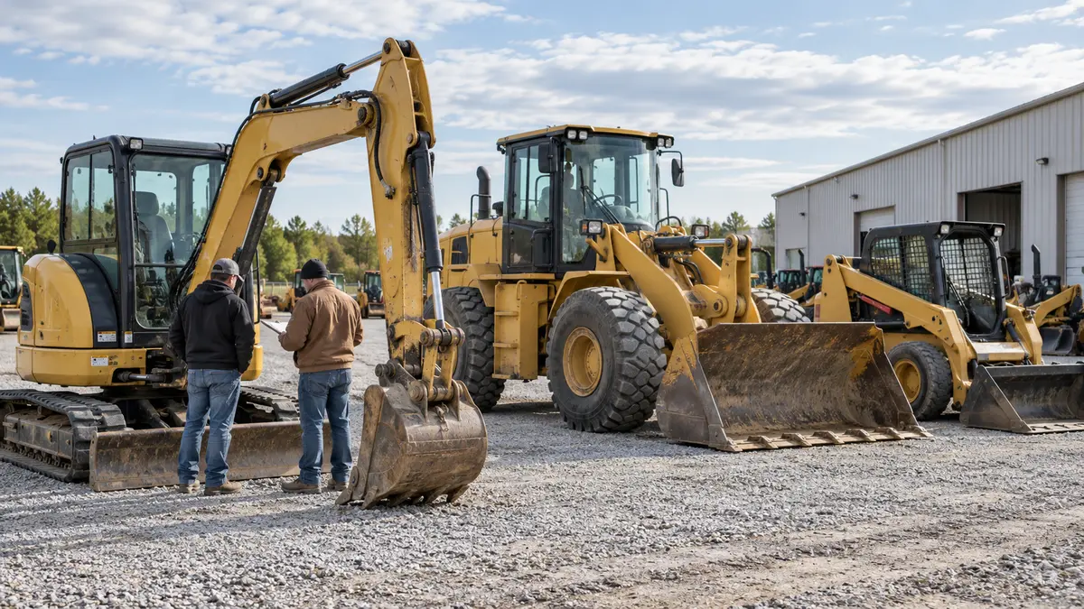 Buyer and inspector reviewing used heavy equipment in an equipment yard