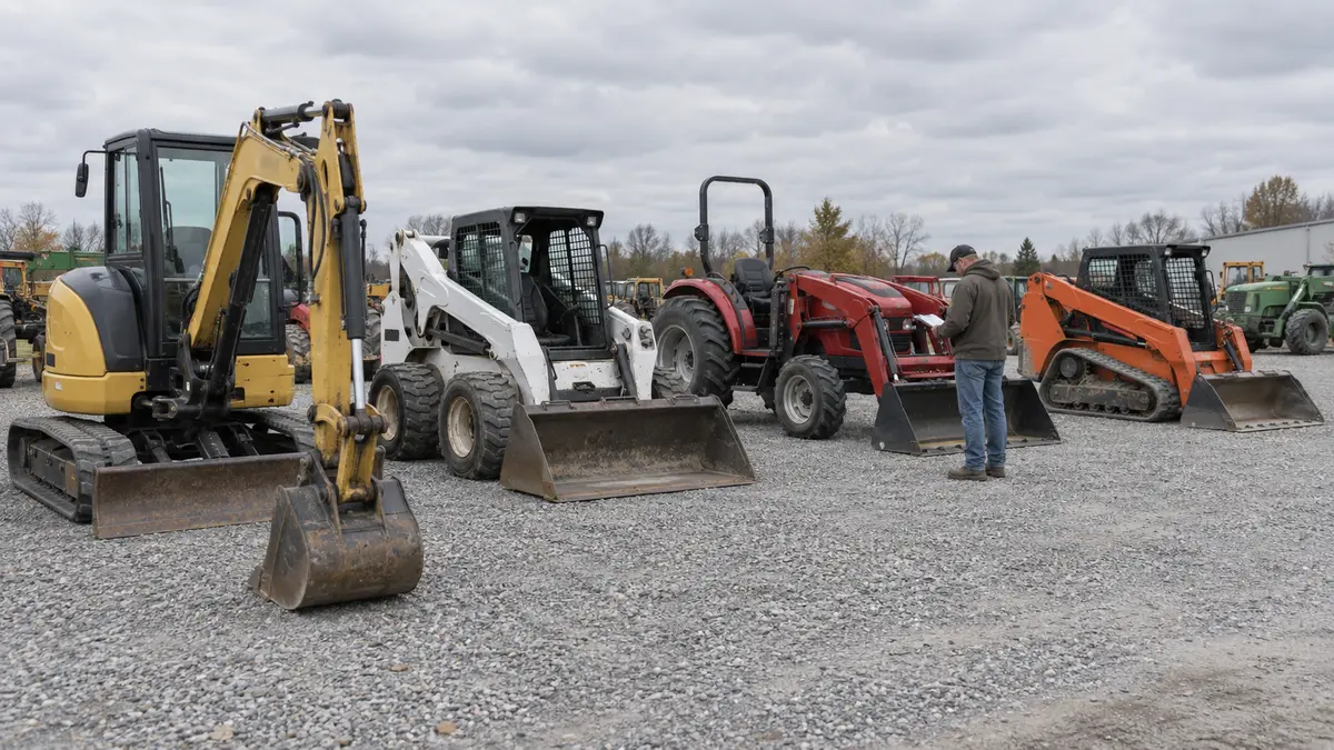 Buyer reviewing used equipment in a used-equipment yard
