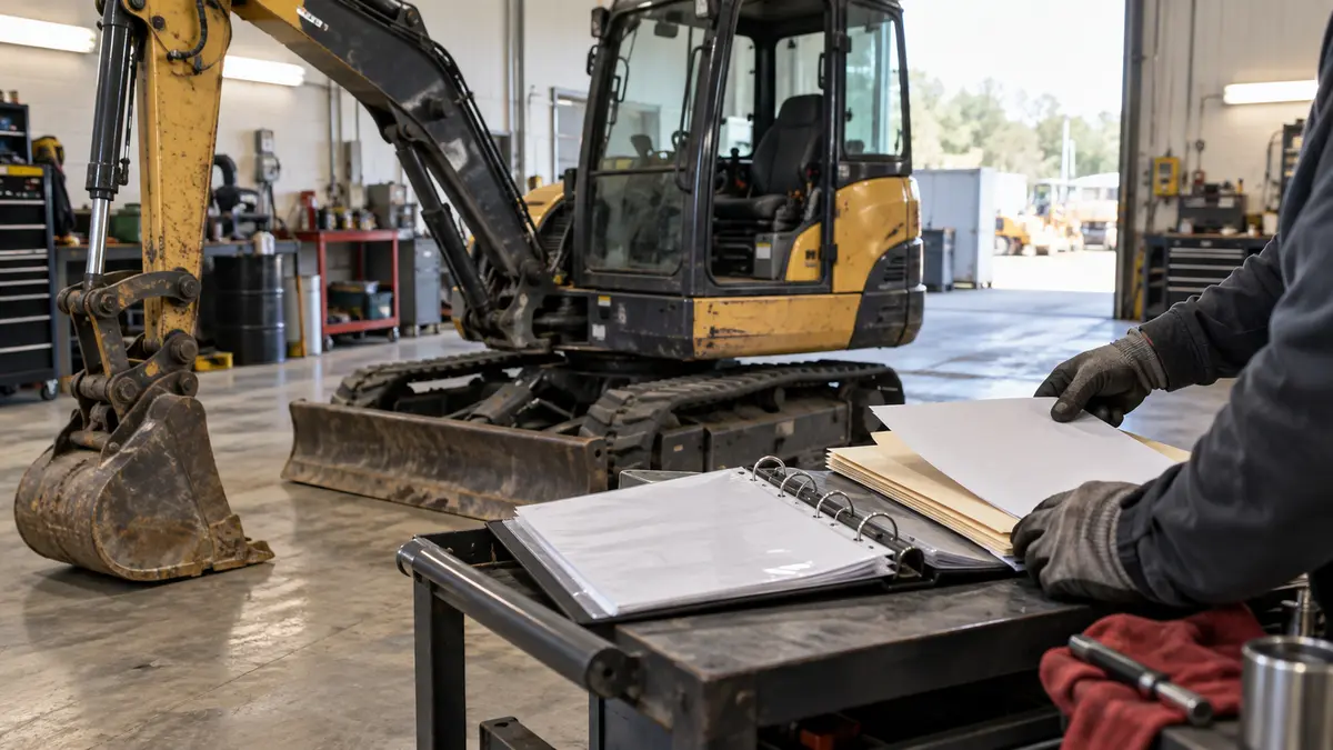 Service records organized beside a used excavator in a workshop