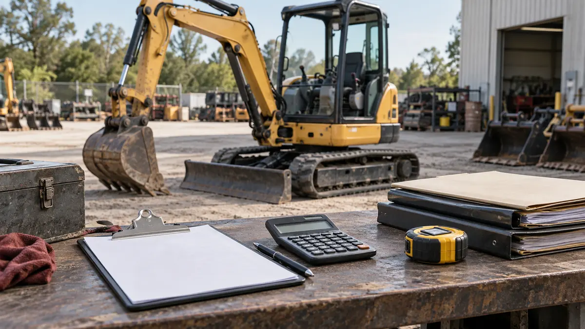 Calculator and ownership planning documents beside a used excavator