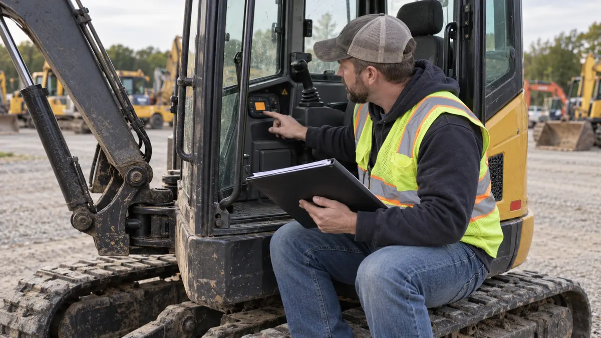 Inspector checking the hour meter on a used excavator