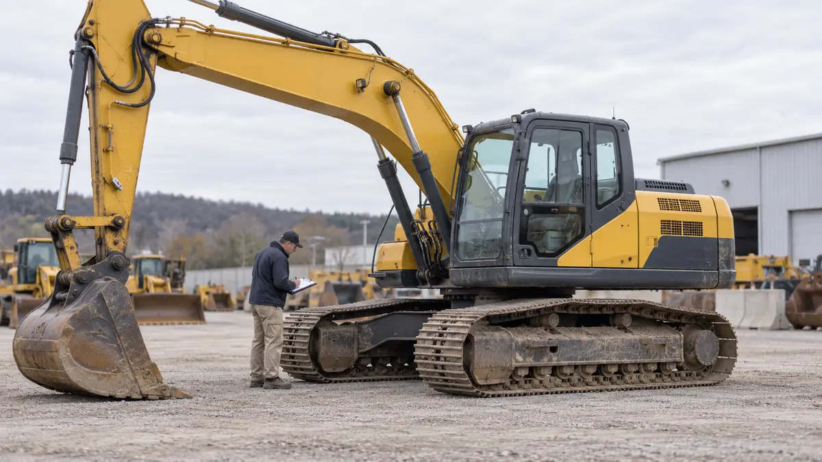 Equipment inspector checking a used tracked excavator before purchase
