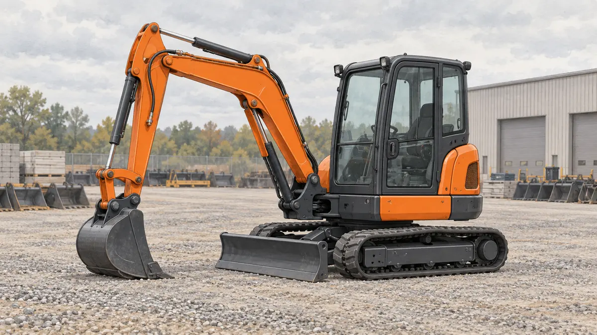 Used mini excavator on a construction site for a used equipment buying guide