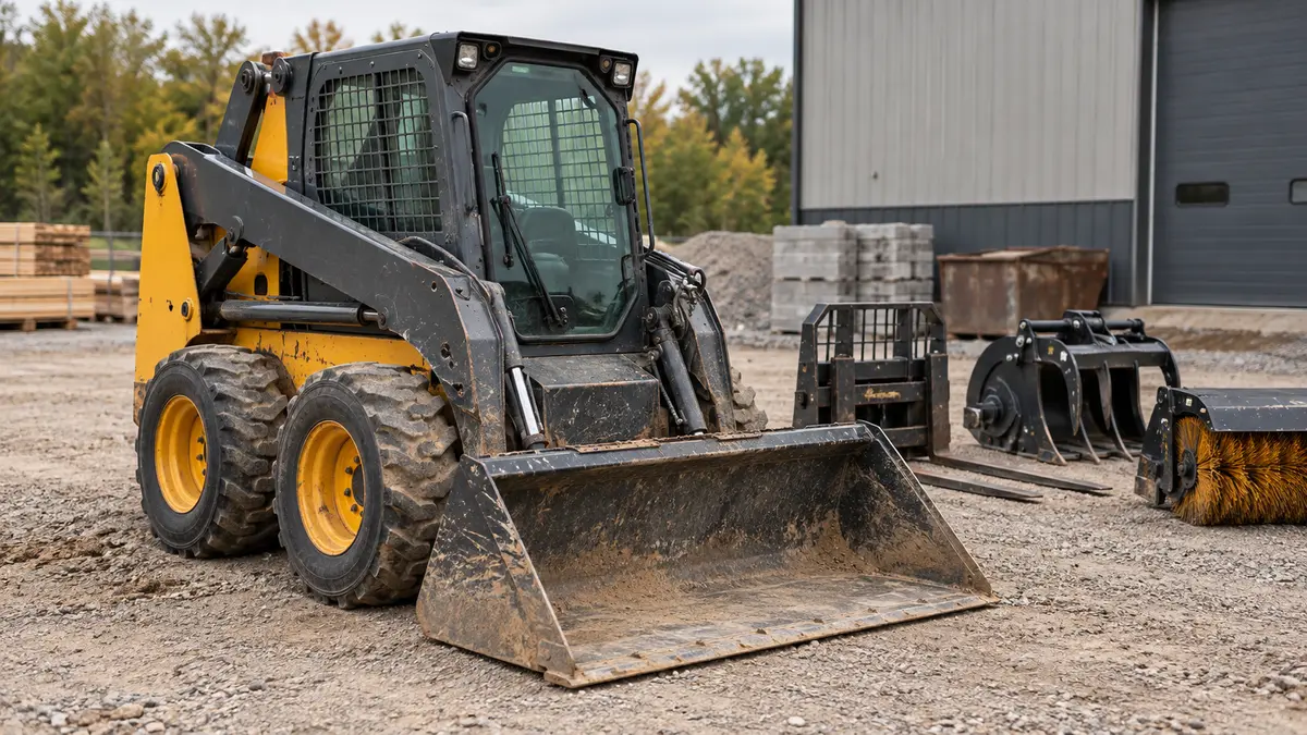Used wheeled skid steer and attachments in a contractor equipment yard