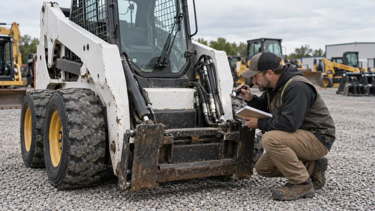 Inspector checking hydraulic components on a used skid steer
